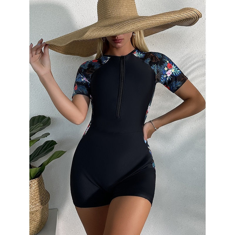 One Piece Long Sleeves Swimsuit Women Female Zipper Surf Bodysuit Floral Swimwear Girl Sun Protection Bathing Swimming Suit