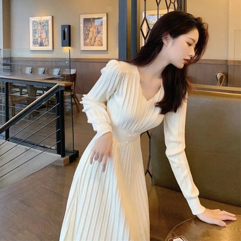 autumn and winter Korean dramas coat sweater medium length bottom pullover femaleWhite knitted inner layer pullover dress women