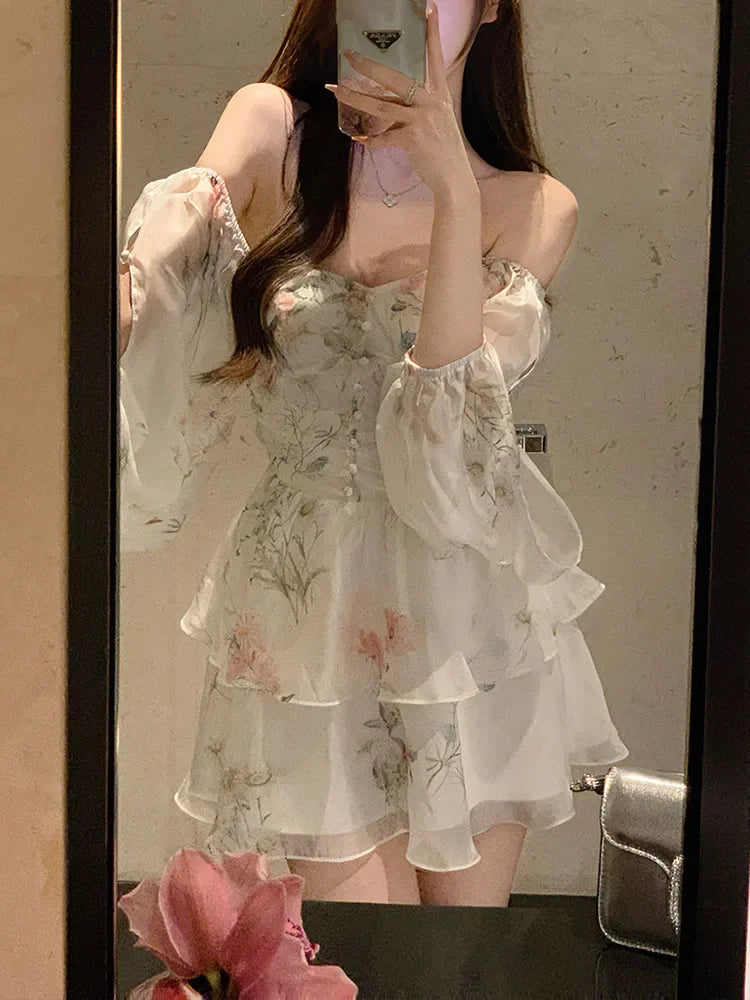 Chiffon Dress for Women Long Sleeve Party French Style Dress Fairycore Floral Ruffles Square Collar New Spring Summer Dress