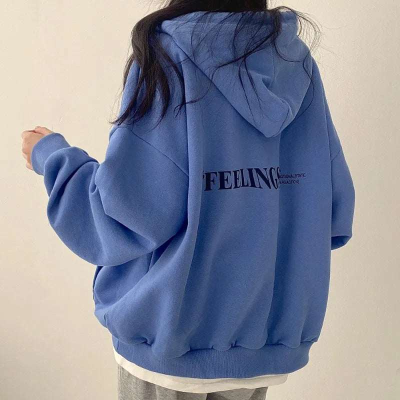 2023 Autumn Winter Female Casual Y2K Long Sleeve Letter Print Sweatshirts Women's Blue Chic Style Fashion Loose Fit Hoodies Top