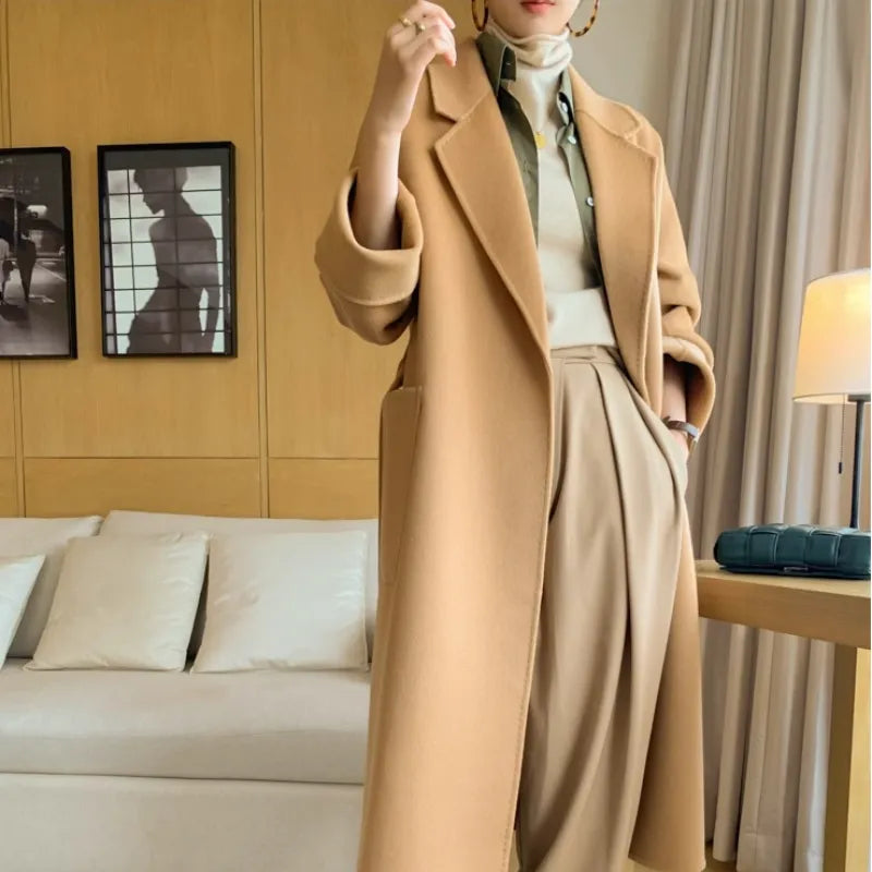 Double-Sided Cashmere Coat For Women In Autumn And Winter 2023, New High-End Lapel Belt, Loose And Long Knee Length Wool Woolen