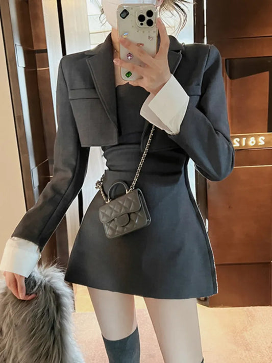 Black Korean Two Piece Dress Set Women Casual Blazer Coat + Strap Dress Set Female Grey Slim Vintage Elegant Dress Suit 2023 New