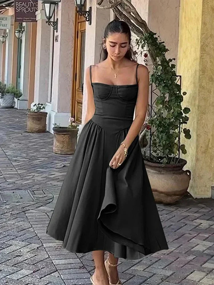 Sexy Solid Chest Wrap Spaghetti Strap Midi Dress Women Elegant Pleated Backless Sleeveless Big Hem Dresses 2024 Lady Party Gown