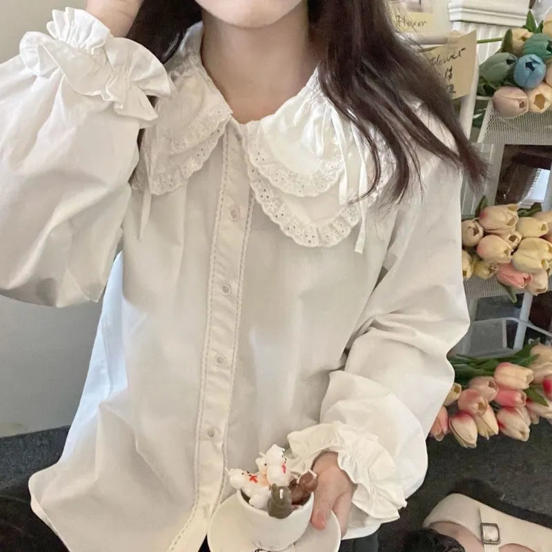 QWEEK Kawaii Lace Shirt White Peter Pan Collar Blouses with Lush Sleeve Fall 2021 Korean Lolita Preppy Style Button Up Cute Tops