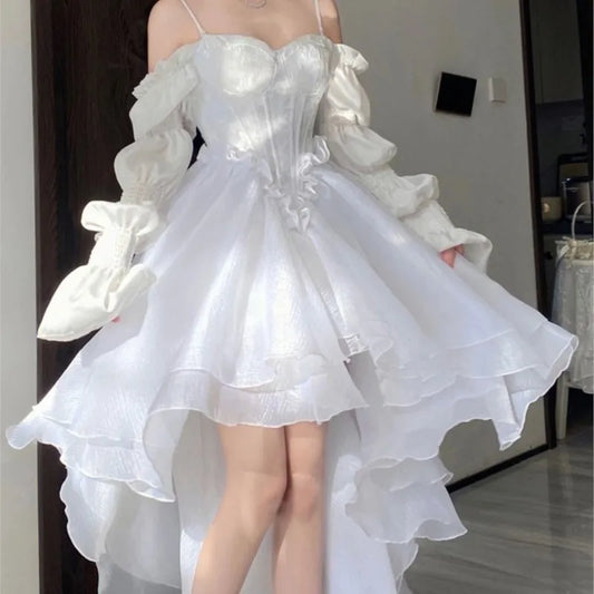 warmmeta Spring Elegant White Off Shoulder Fairy Dress Chic Princess Puff Dress Mesh Puff Dress Wedding Party Porm Dress