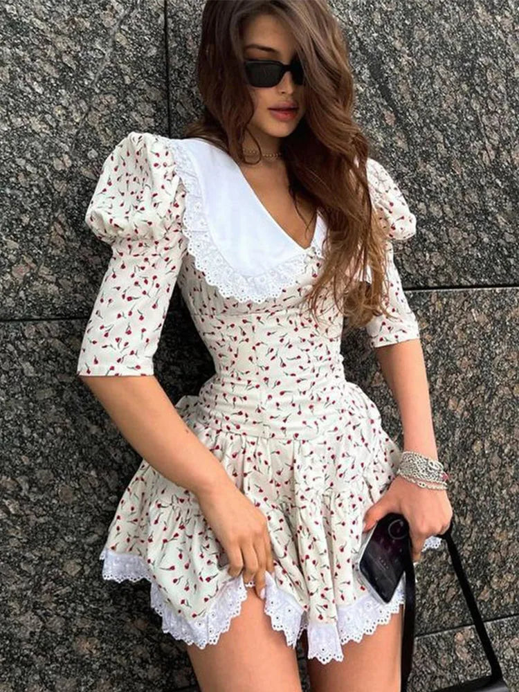 Picsgirl LZEQuella Summer Doll Collar Floral Print Mini Dress Slim Fit High Waist Short Sleeve Lace Up Dresses Ladies Vacation Vestidos