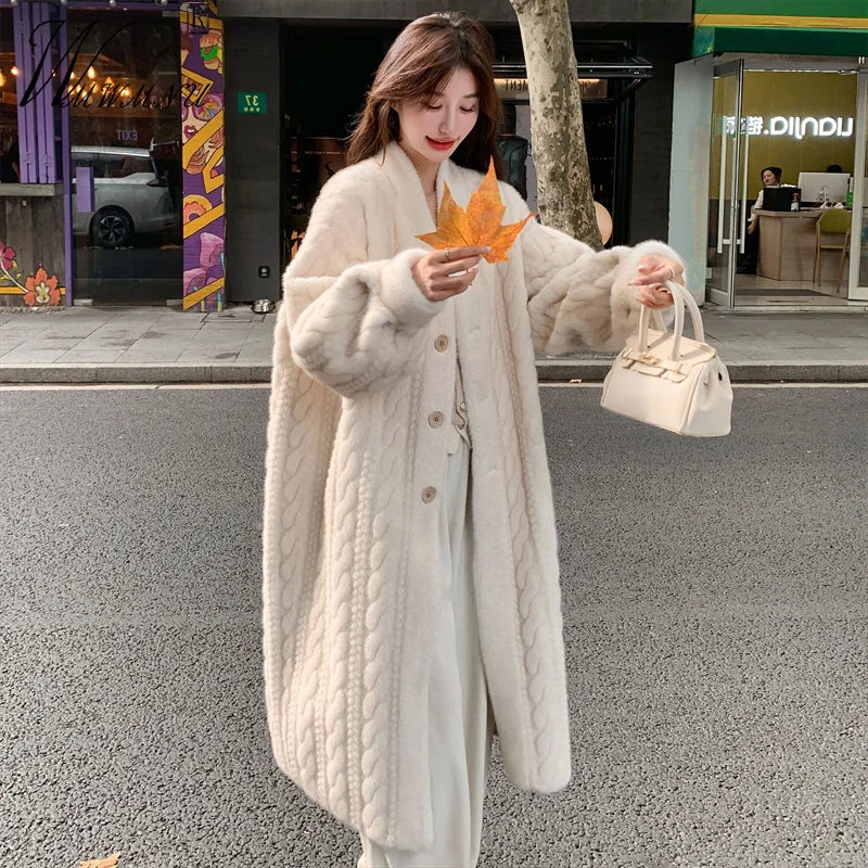 Korean Fashion Long Faux Fur Coats Women Fall Winter Warm V-Neck Rabbit Plush Chaquetaes 2024 New Loose Elegant Thick Outerwear