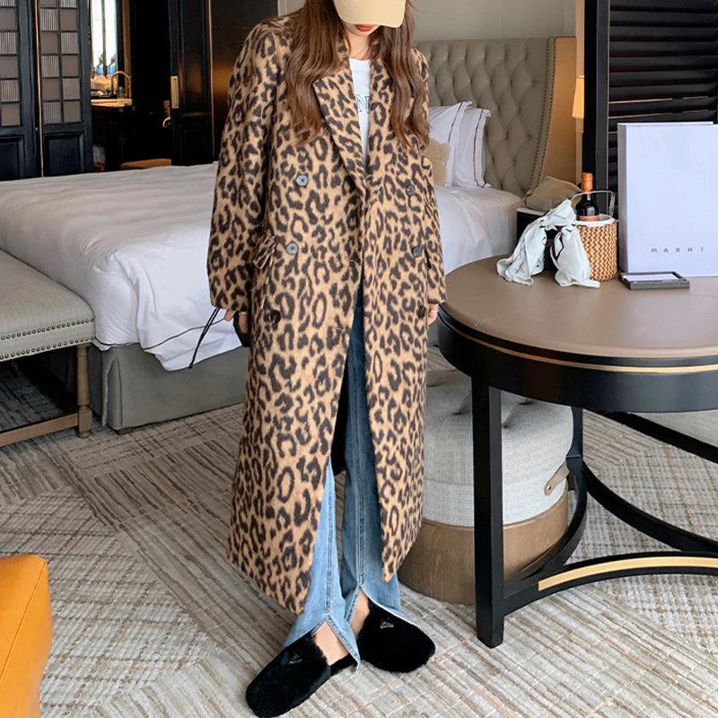 2023 Spring Women Woolen Coat Classic Leopard Print Loose Style Long Sleeve Women Fashion Longl Coat Casaco Feminino