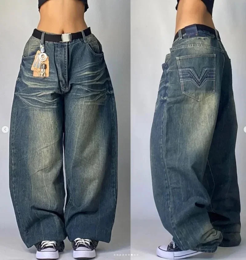 warmmeta 2024 New American hip-hop Vintage baggy jeans women's Harajuku high waist Y2K wide-leg pants Gothic wide pants Streetwear pants