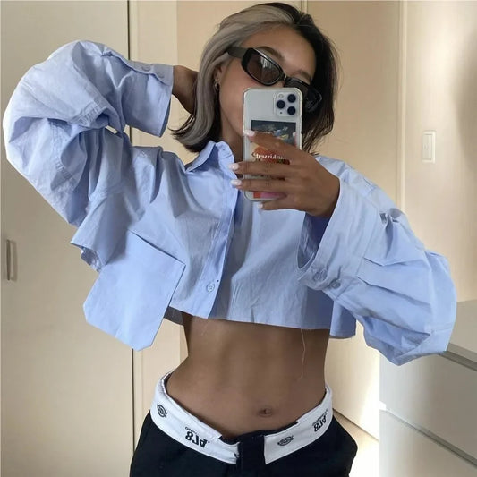 PICSGIRL -  Long sleeve cropped blouse women Summer fashion sexy short blouse women white cute tops loose pocket designer clothes