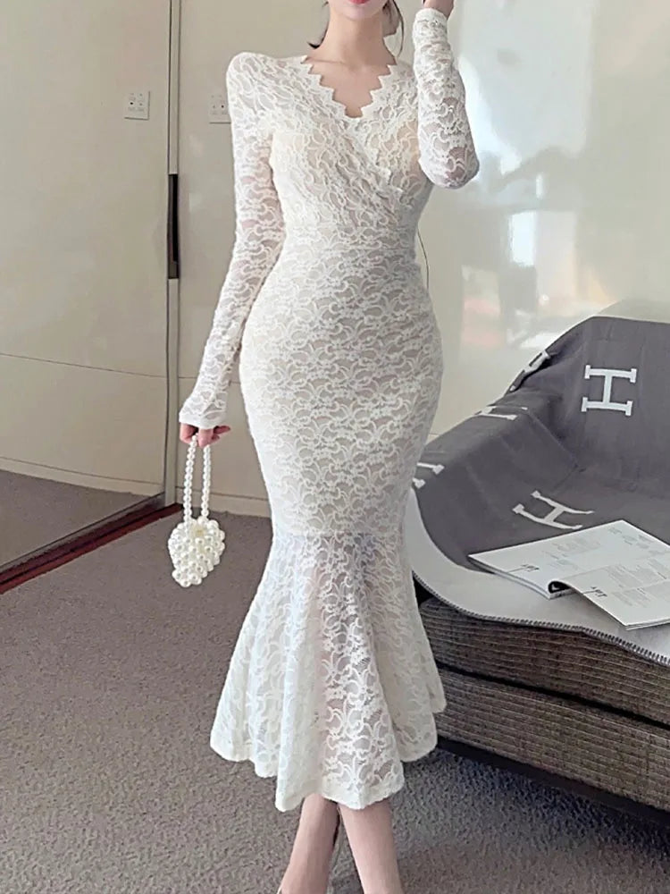 Picsgirl White Lace Dresses Women Elegant Temperament Bodycon Mermaid Dress Autumn Long Sleeve V Neck Evening Party Hip Wrap Long Dresses