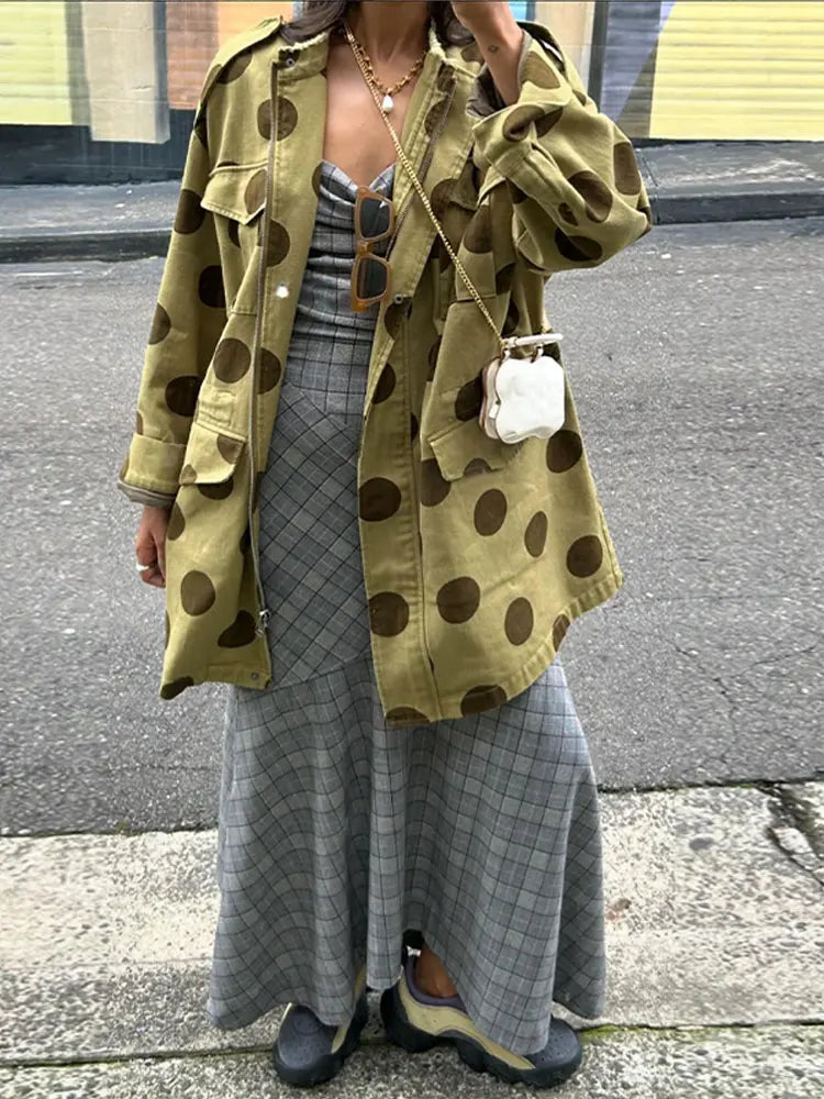 Vintage Polka Dot Printed Jacket For Women Loose Lapel Long Sleeve Zipper Button Coat 2024 Fashion Female Street Outerwear