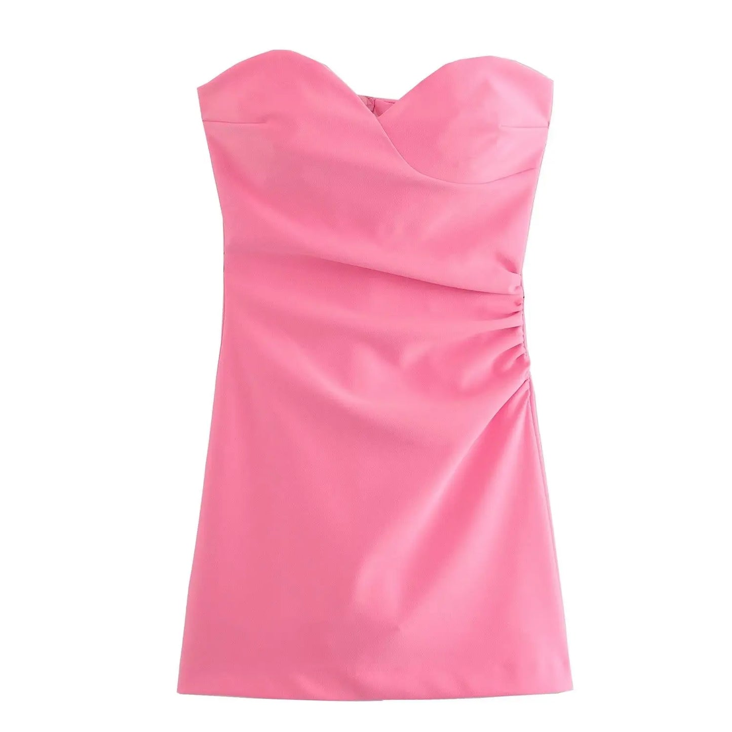 WARMMETA New Fashion Women Pink Ruched Strapless Dress Sleeveless Back Zipper Female Party Mini Sexy Vestidos