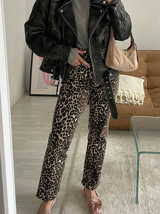 Women's Leopard Pattern Jogging Pants High Waist Street Pocket Casual Feet Pants Slim Fit Pure Cotton Button Office Pants