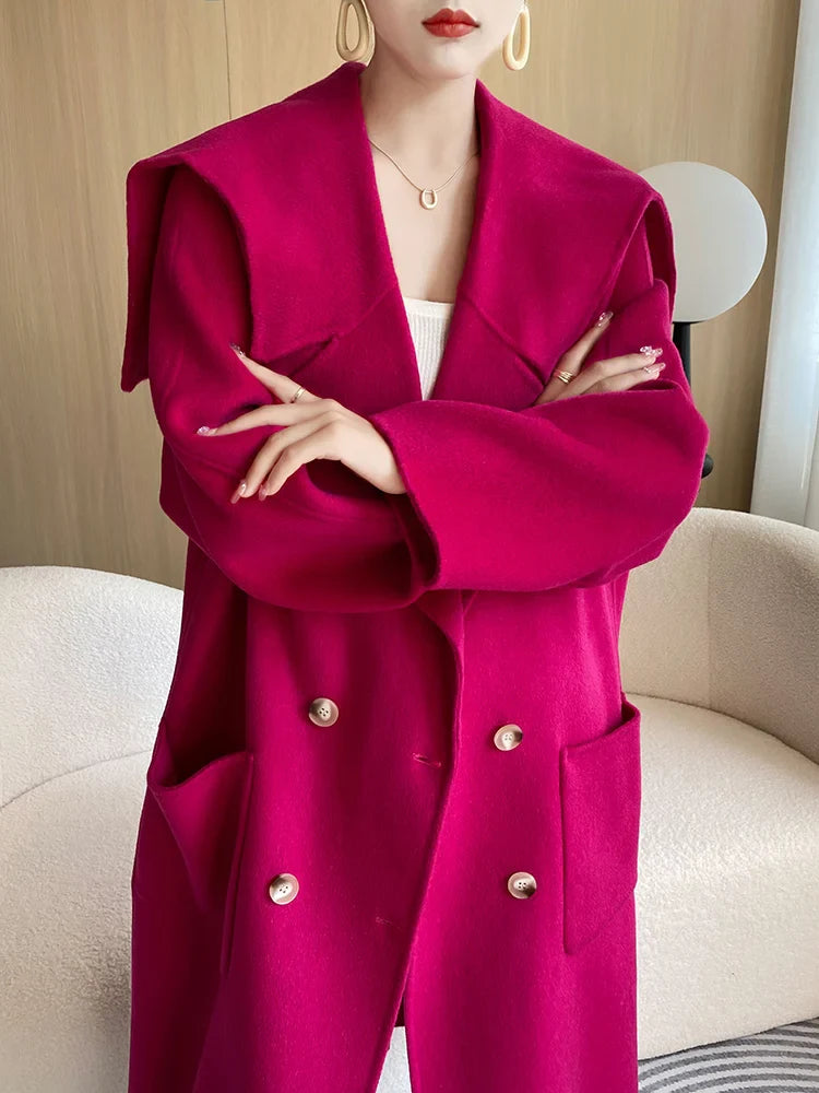 High-End Beautiful Women's Coat Autumn and Winter Long 100%Pure Wool Dovetail Collar Trendy Coat Fashionable All-Match Loose Top