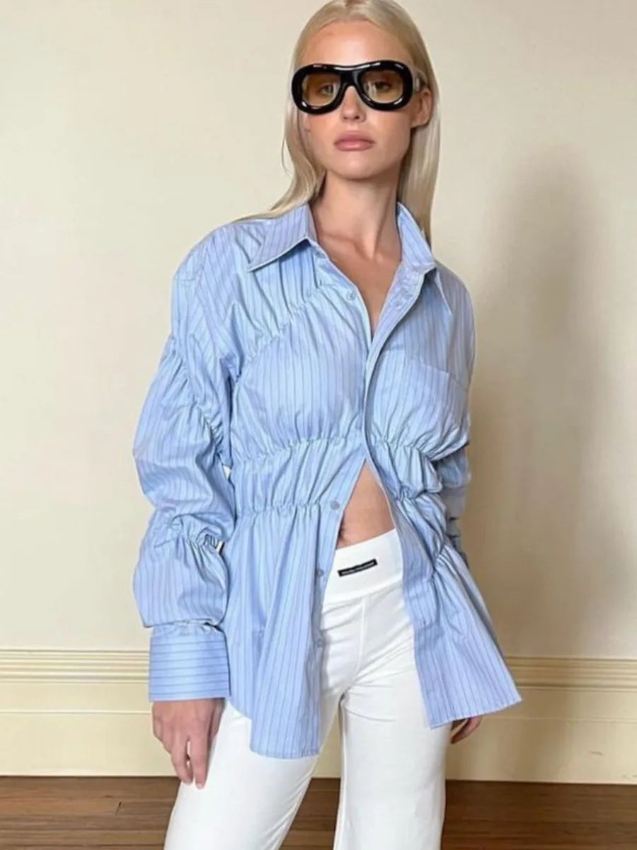 PICSGIRL -  Chic Pocket Solid Color Shirts Women 2024 Spring New Long Sleeve Waist Folds Lapel Collar Blouses Female Fashion Casual Blouse