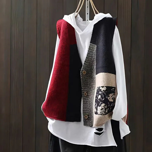 Spring and Autumn Women's Cardigan V-neck Sleeveless Button Print Panel Vintage Knitted Vest Fashion Casual Sweater Tank Tops