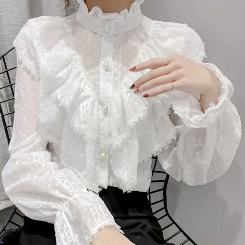 Korean Style Ruffle Stitching Lace Blouse Fashion Long Sleeve Loose Chiffon Shirt Elegant Stand Collar Pleated Tops Blusas 15832