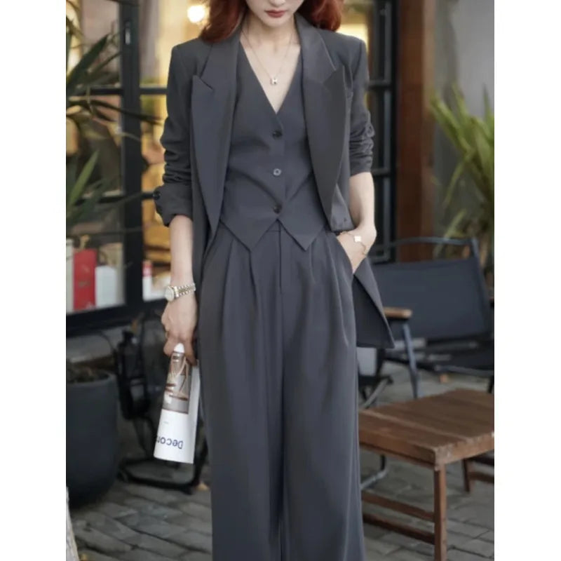 Korean Fashion Women Business Blazer 3 Pieces Set Elegant Casual Jackets Coat Sleeveless Vest and Pant Suit Female Clothes New