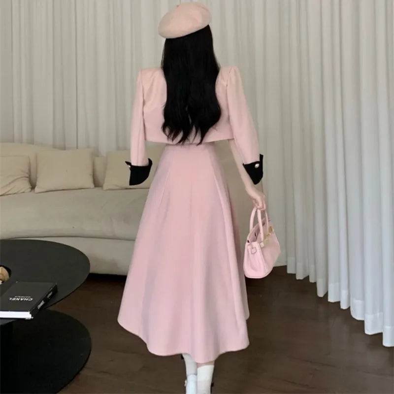 New Designer Autumn Two Piece Set Women Single Breasted Short Jacket Coat + High Waist Midi Aline Skirts Set Office Lady Elegant