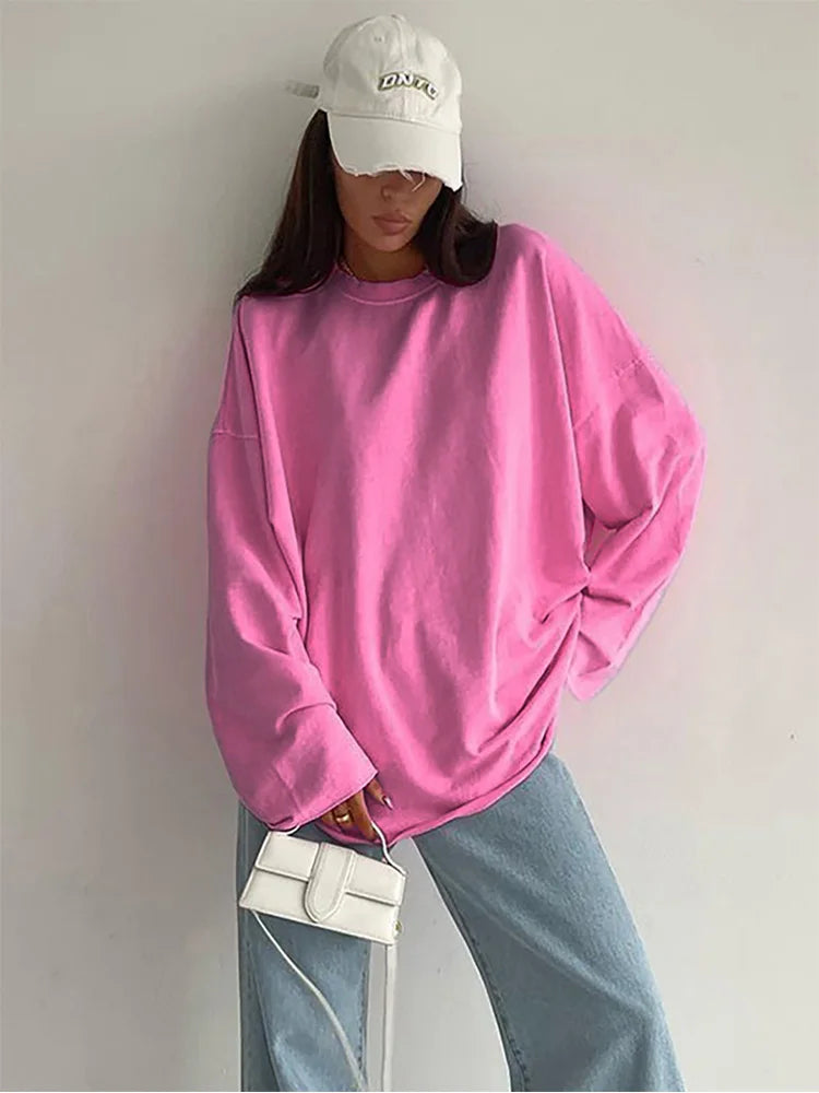 Pink Tee Shirts Streetwear 2023 Round Neck Long Sleeve Casual Pullover Tops Women Autumn Thin T-Shirts Lady