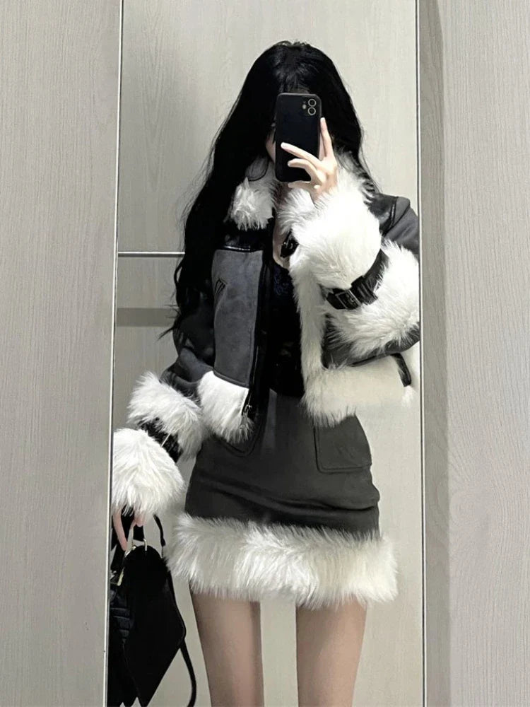 2023 Winter Outwear Elegant 2 Piece Skirt Set Woman Korean Style Suit Warm Fashion Fur Coat Jacket + Casual Slim Y2k Mini Skirt