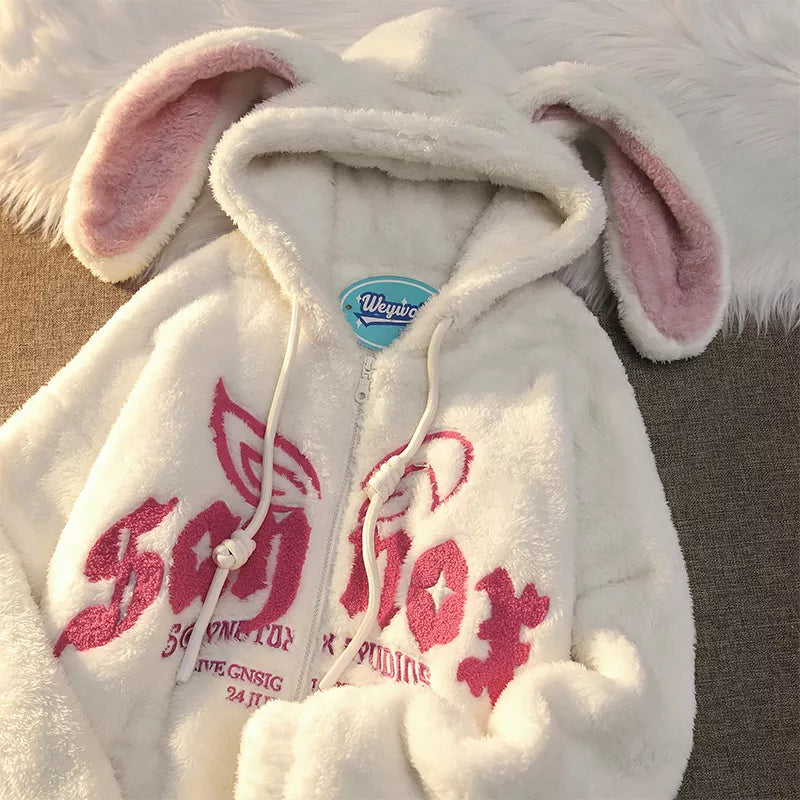 Hoodie Cotton Clothing Women Cute Fun Bunny Ears Lamb Velvet Cotton Clothes New Fashion Loose Zipper Hoodie Warm Coat Streetwear