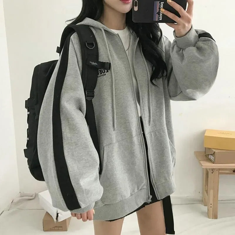 warmmeta Women Hoodies Autumn Retro Solid Color Zip Up Oversized Sweatshirts Harajuku Korean Version Long Sleeve Hooded Jackets Coat