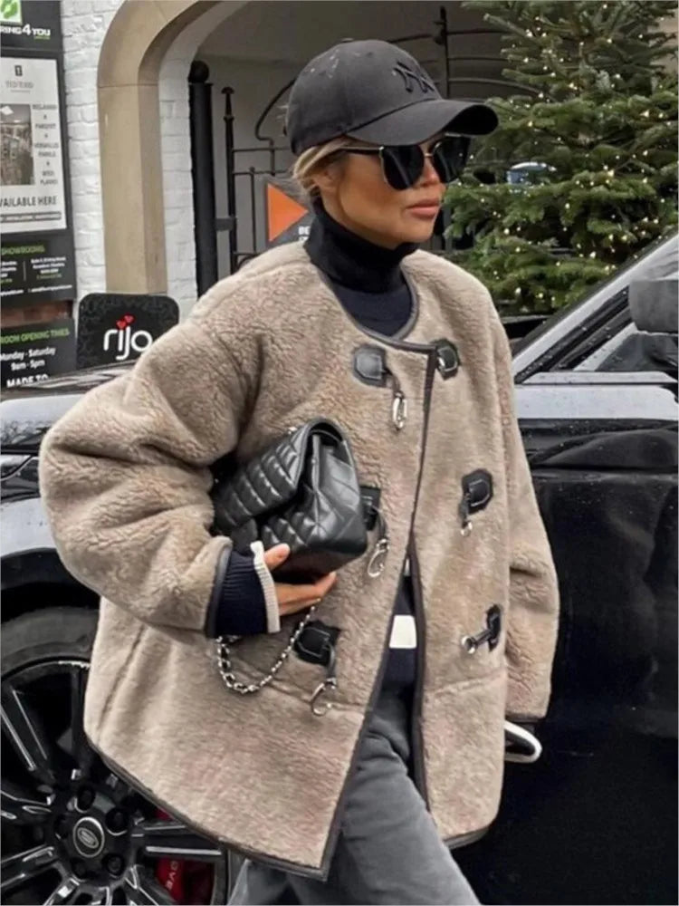 Women Fashion Solid Lambswool Horn Button Coat Loose O Neck Single-breasted Warm Top 2023 Winter Lady Elegant Duffle Jacket