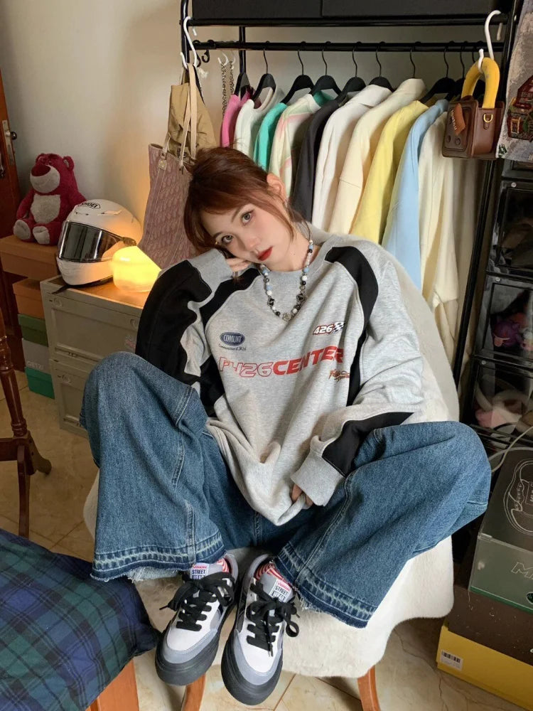 Y2K Vintage Gray Sweatshirts Women Hip Hop Retro Streetwear Long Sleeve Hoodie Female Harajuku Kpop Patchwork Letter Top