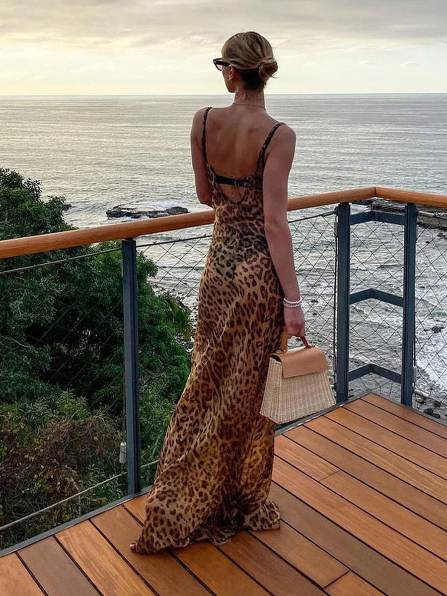 Picsgirl Leopard Print Transparent Long Dress 2024 New V-neck Sleeveless Backless Suspender Split Dresses Sexy Fashion Beach Cover-ups