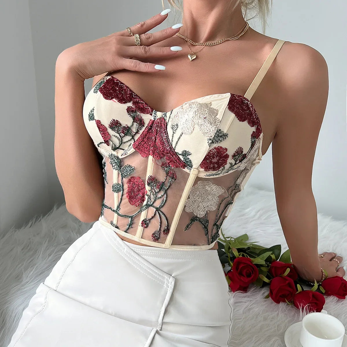 Women Mesh Hollow Out Sexy Crop Tops Flower Embroidery Sweet Tank Top Spaghetti Camis Streetwear Tube Top Spring Summer