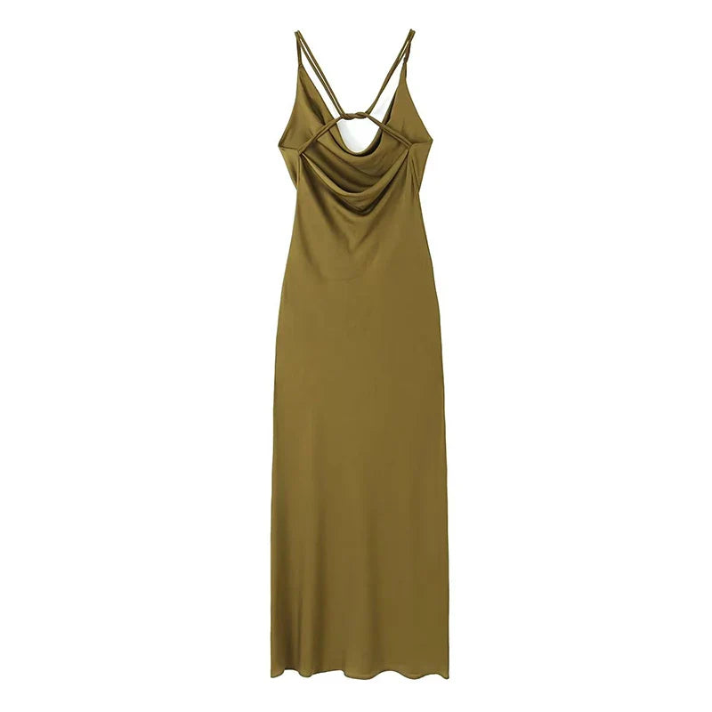 warmmeta-Sexy Women Olive Green Backless Swinging Collar Satin Slip Dress