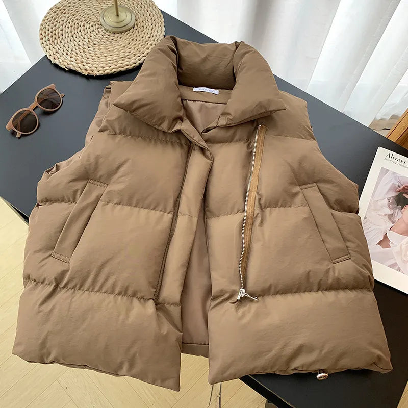 warmmeta  2 Women Fashion Autumn New Stand Collar Elegant Down Coats Warm Outerwear Casual Belt Sleeveless Winter Women Vests Jackets