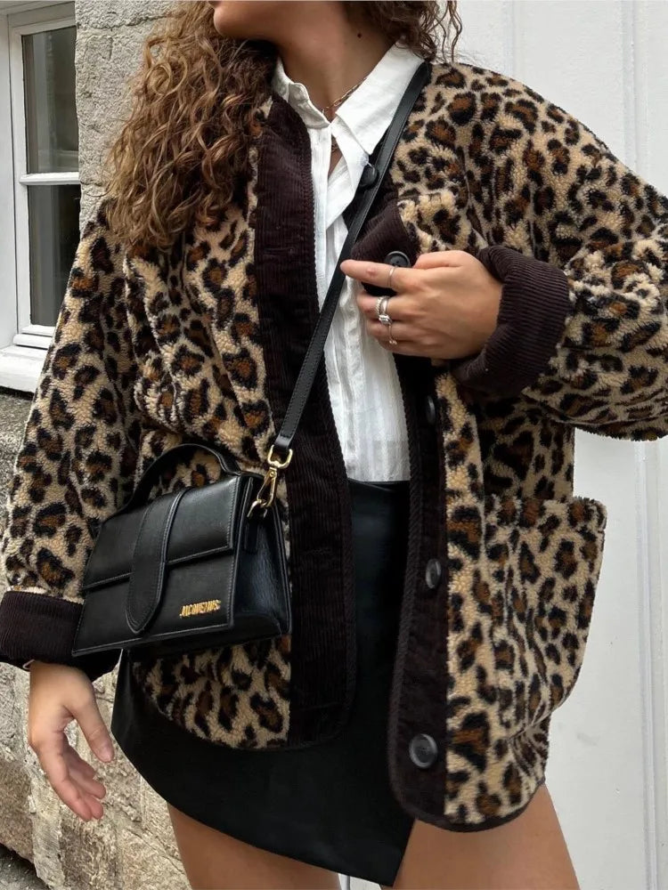 Vintage Leopard Print Reversible Wool Coats Women O-neck Single Breasted Pockets Fleece Jackets Autumn Winter Female Streetwear