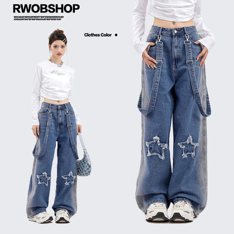 Vibe Vintage Ragged Star Strap Jeans Autumn New Y2K Loose Straight Leg Wide Leg Denim Strap Pants