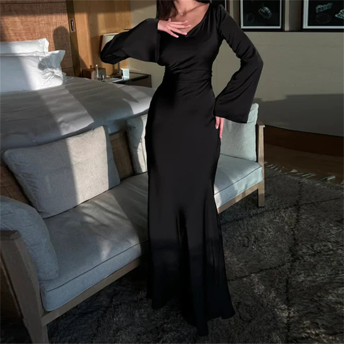 Women Elegant Long Dresses 2024 Fashion Simple Round Neck Satin Flare Sleeve Lace Up Slim Party Prome Maxi Dress Evening Gown