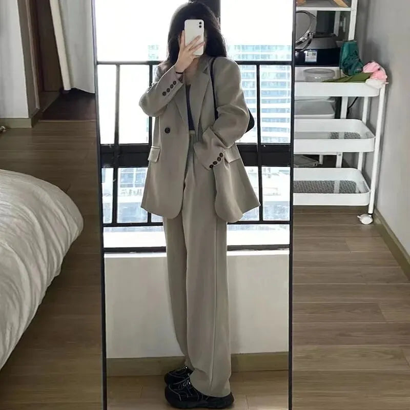 Fashionable Casual High-end Western Clothes Coat Women Spring Autumn Loose Slim Two-piece Western Clothes Set Tea Gray Pants