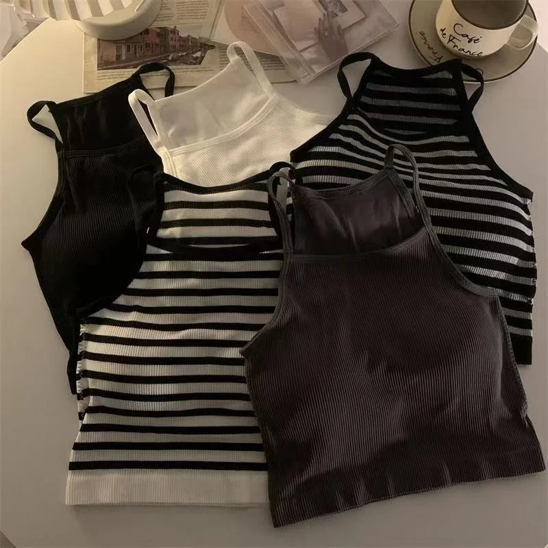 Korean Version Women Tank Tops Thread Solid Casual Fashion Crop Top with Chest Pad Stripe Sleeveless Outer Wear Basic Camisole