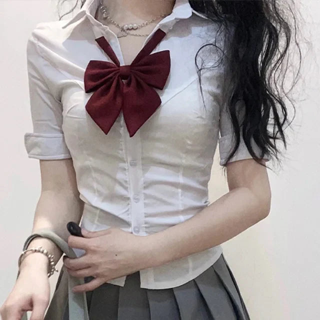 warmmeta Korean Fashion  New Spring/Summer Sexy Girl Short Sleeve Preppy Style Slim JK Bandage Shirt Women's Bow Tie Neck Blouse Top