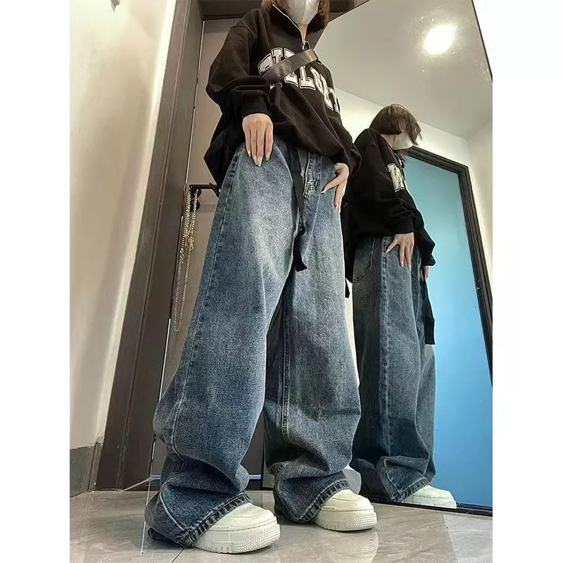 Harajuku Baggy Femme Jeans Y2K Dark Blue Brown High Waist Streetwear 90S Baggy Trousers Women Pants Straight Wide Leg Pants