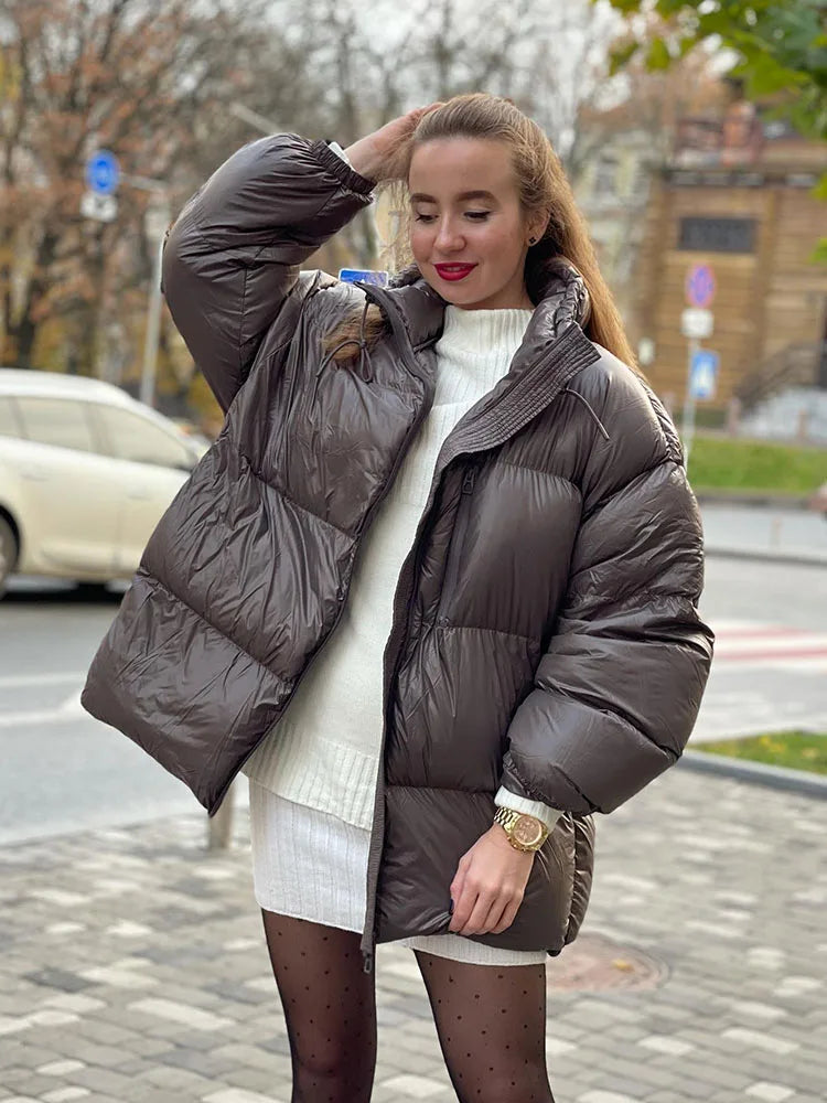 Fashion Solid Pocket Puffer Jacket For Women Casuanl Stand Up Collar Female Parka 2023 Winter Thicken Warm Long Sleeve Lady Coat