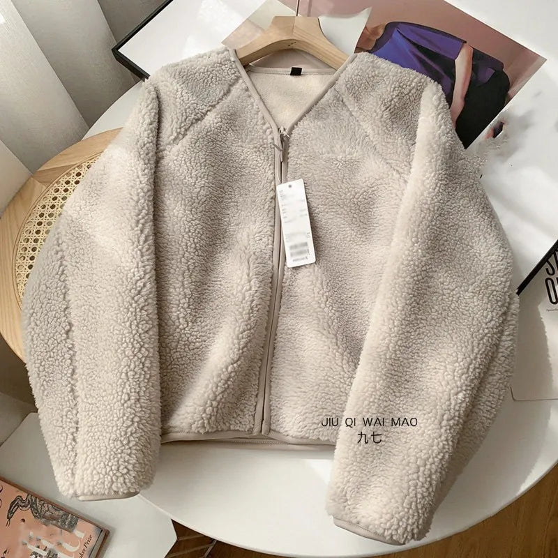 warmmeta Lamb Fur Women Coats Autumn Winter Solid Thick Warm V-Neck Long-Sleeved Casual All Match Female Outwear Jackets