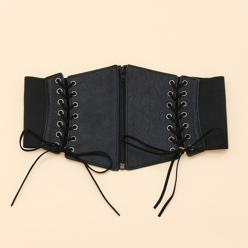 warmmeta Fashion Punk Corset Wide Belts Women Slimming Body Elastic Bustier Waistband PU Leather Hip Hop Gothic Dress Girdle Body Shaper