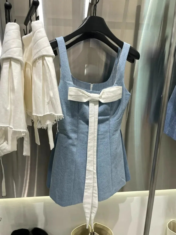 Picsgirl -  Bow Denim Dress For Women 2024 New Sleeveless Summer Sundress Woman Street Casual Backless Mini Dresses Womens Streetwear