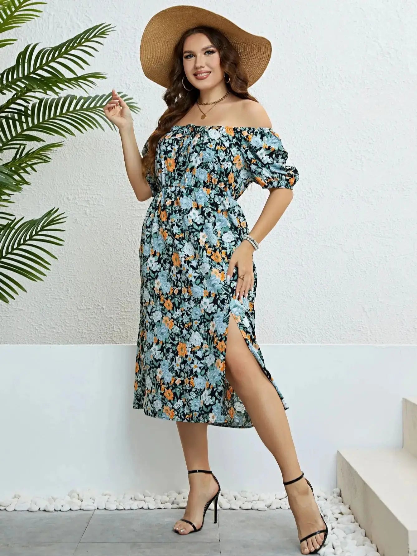 Plus Size Floral Print Puff Sleeve Midi Dress For Women 2024 Summer Boho Holiday Elastic Waist Sweet Split Long Dresses