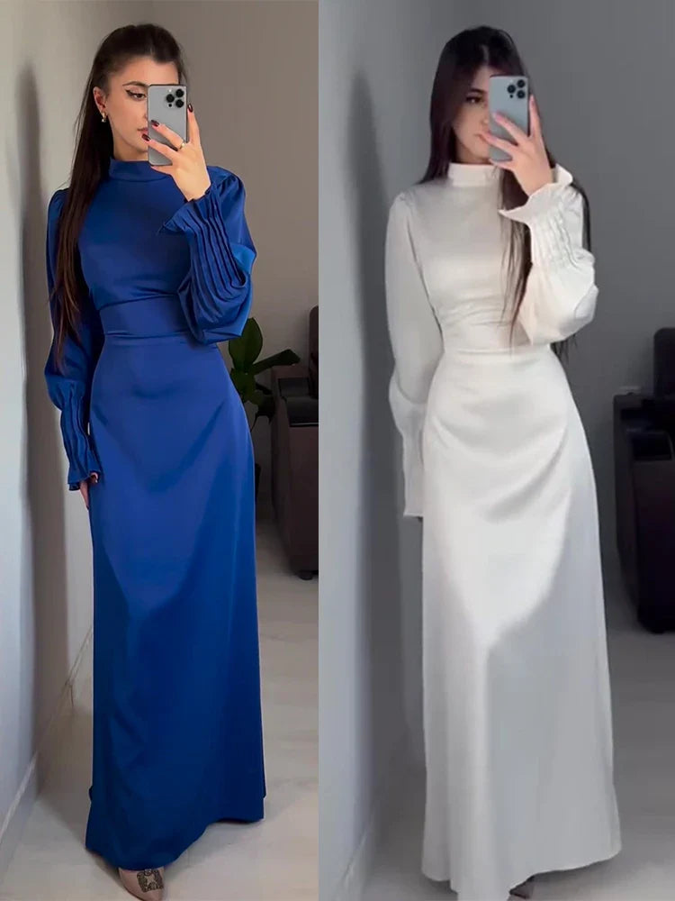 Spring Eid Muslim Dress Women Abaya Slim Fit Petal Sleeve Satin Morocco Party Dresses Ramadan Islam Dubai Arab Long Robe 2024