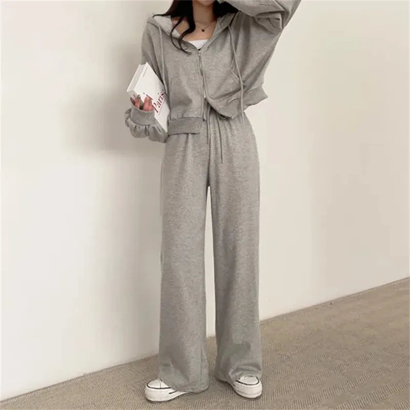 Women Pants Suits 2023 New Fall Korean Style Long Sleeved Zipper Top High Waist Casual Female Loose Sports 2 Piece Pants Sets