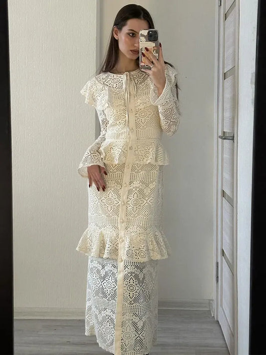 PICSGIRL -  2024 Spring Lace Mesh Sheer Ruffles Layer Maxi Dress Female See-through Patchwork Elegant Bandage Dresses Summer Lady Robe