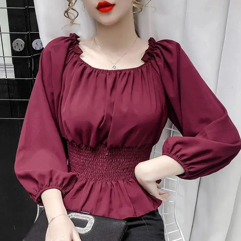 Youth Elegant Blouse Women Chiffon Fashion Blouse Off Shoulder White Shirt Ruffle Puff Sleeve Top Office wear